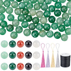 Superfindings bricolage kits de fabrication de colliers de pierres précieuses, y compris l'aventurine verte naturelle et l'onyx noir et l'agate rouge et l'agate et les perles d'agate blanche, décorations polyester pompon