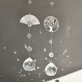 Glass Hanging Suncatcher Pendant Decoration, Crystal Ceiling Chandelier Ball Prism Pendants, with Stainless Steel Findings, Fan/Tree of Life Pattern