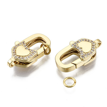 Brass Micro Pave Clear Cubic Zirconia Lobster Claw Clasps, with Jump Rings, Nickel Free, Heart