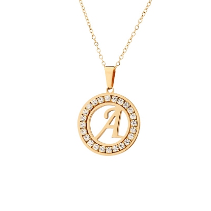 Crystal Rhinestone Initial Letter Pendant Necklace with Cable Chains, Stainless Steel Jewelry for Women, Golden