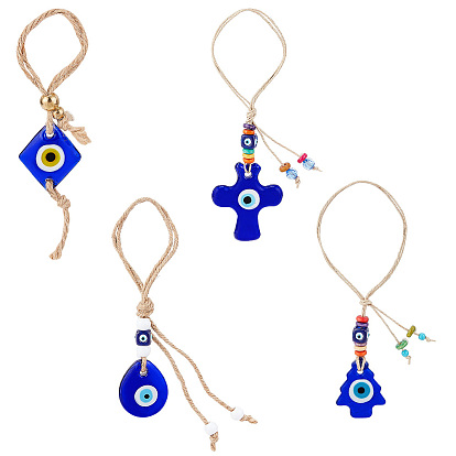 Ahademaker 4шт 4 стиль стеклянный кулон сглаза украшения, с пластиковыми бусинами и пеньковой веревкой, слеза и крест и ромб и дерево