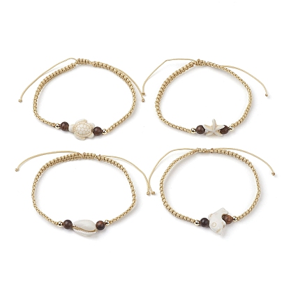 4Pcs Sea Animals Synthetic Turquoise Beads Braided Nylon Cord Bracelets, with Natural Shell Beads and Wood Beads