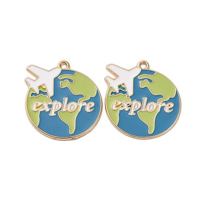 Подвески из эмали и сплава, без кадмия, без никеля и без свинца, плоский круг с самолетом и словом «исследуй», золотой свет