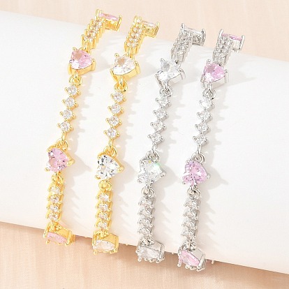 Armbänder aus Messing mit Zirkonia-Pavé-Herzgliederkette für Damen, Gestell, langlebig überzogen, cadmiumfrei und bleifrei
