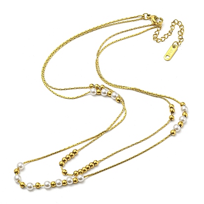 304 Stainless Steel Coreana Chains Double Layer Necklaces, with Plastic Imitation Pearl Beaded
