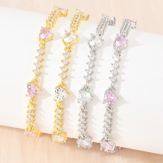 Bracelets en laiton pavés de zirconiums cubiques en forme de cœur pour femmes, crémaillère plaquage, plaqué longue durée, sans cadmium et sans plomb