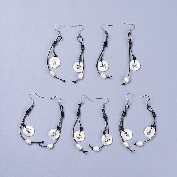 Freshwater Shell Dangle Earrings, with Natural Freshwater Pearl Beads, Cowhide Leather Cord and 316 Surgical Stainless Steel Earring Hooks, Flat Round