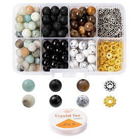 DIY Natural & Synthetic Round Beads Energy Bracelet Making Kit, Including Natural Yellow Tiger Eye & Lava Rock & Flower Amazonite & Synthetic Howlite Beads, Alloy Spacer Beads, Elastic Thread