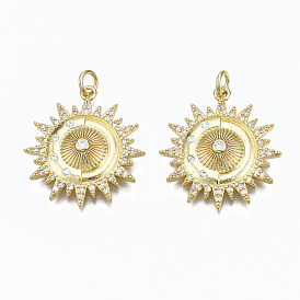 Brass Micro Pave Clear Cubic Zirconia Pendants, with Jump Rings, Nickel Free, Flower
