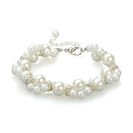 Fashionable Glass Pearl Beads Bracelets, with Iron Rhinestone Beads and Alloy Lobster Claw Clasps, Wedding Bracelets, 205mm