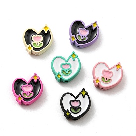 Spray Painted Alloy Enamel Beads, Long-Lasting Plated, Lead Free & Cadmium Free, Heart with Tulip