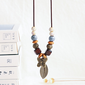 Ожерелья из вощеного шнура с подвеской из сплава, Женские ожерелья из фарфора и дерева, античная бронза