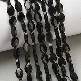 Natural Golden Sheen Obsidian Beads Strands, Rock Crystal, Faceted, Flat Oval