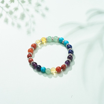 Natural & Synthetic Mixed Stone Round Beads Beaded Stretch Bracelet, 7 Chakra Jewelry for Women