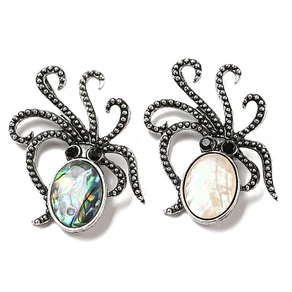 Брошь в виде осьминога из натуральной раковины пауа/морского ушка, булавки с морскими животными из сплава Pave Jet со стразами, античное серебро