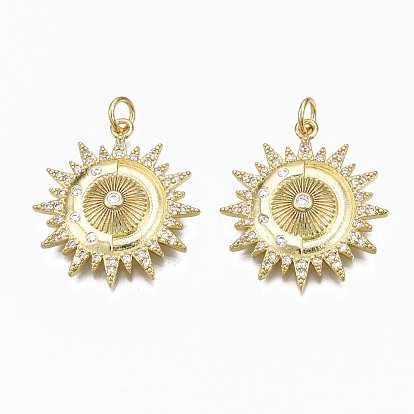 Brass Micro Pave Clear Cubic Zirconia Pendants, with Jump Rings, Nickel Free, Flower