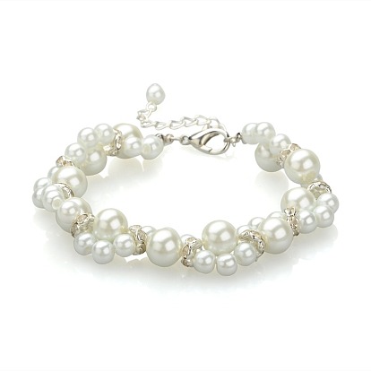Fashionable Glass Pearl Beads Bracelets, with Iron Rhinestone Beads and Alloy Lobster Claw Clasps, Wedding Bracelets, 205mm