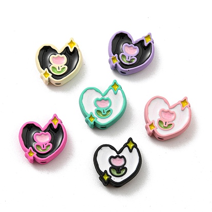 Spray Painted Alloy Enamel Beads, Long-Lasting Plated, Lead Free & Cadmium Free, Heart with Tulip
