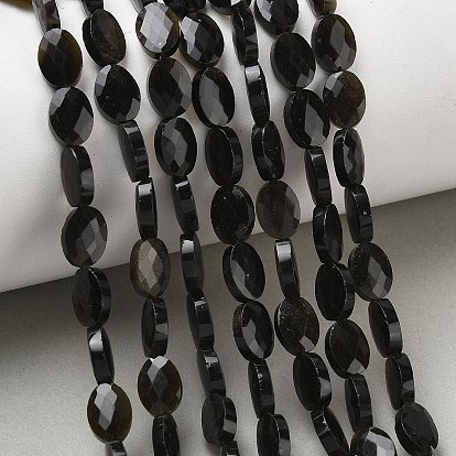 Natural Golden Sheen Obsidian Beads Strands, Rock Crystal, Faceted, Flat Oval