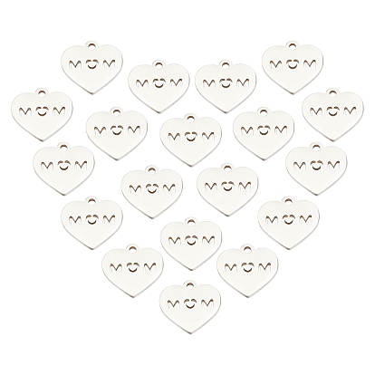 20 pcs 304 breloques en acier inoxydable, coeur avec le mot maman, thème de la fête des mères