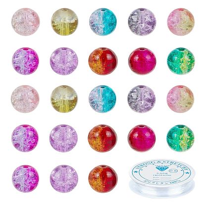 DIY Stretch Bracelets Making Kits, Spray Painted Crackle Glass Round Beads, Two Tone, Clear Elastic Crystal Thread