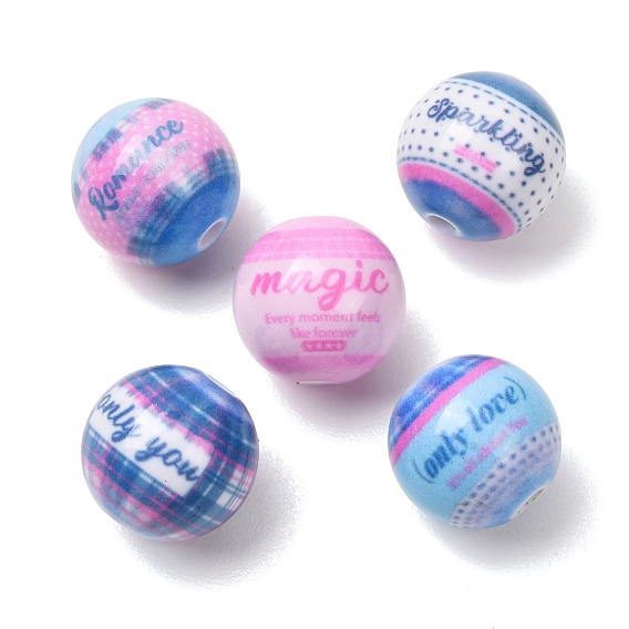 Opaque Printed Acrylic Beads, Round with Word