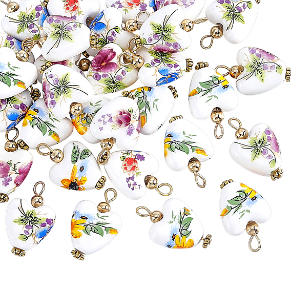 30 pièces 3 couleurs pendentifs en porcelaine imprimée à la main, avec 304 boucles en acier inoxydable, or, cœur