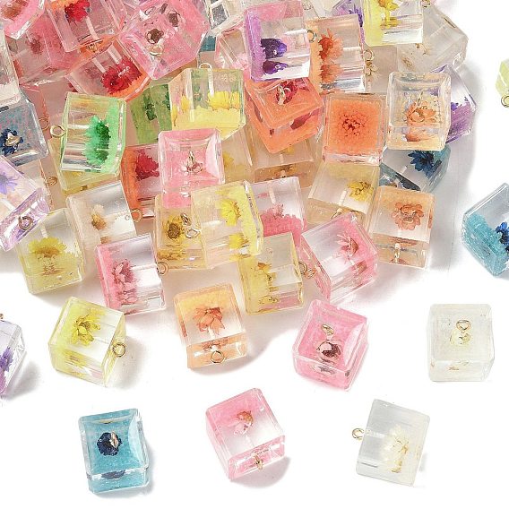 Подвески из светящейся прозрачной смолы, куб с внутренним цветком, с золотой железной петлей, светится в темноте