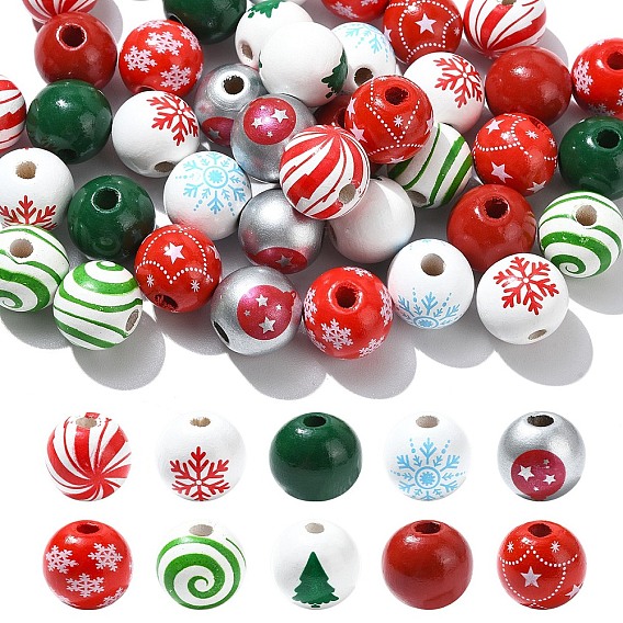 40 шт 10 стили окрашенные натуральное дерево европейские бусины, бусины с большим отверстием, напечатанный, круглый с полосой