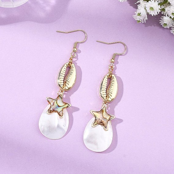 Teardrop Natural Trochid Shell/Trochus Shell Dangle Earrings, Star Brass Enamel & Alloy Cowrie Shape Earrings, with 304 Stainless Steel Hooks