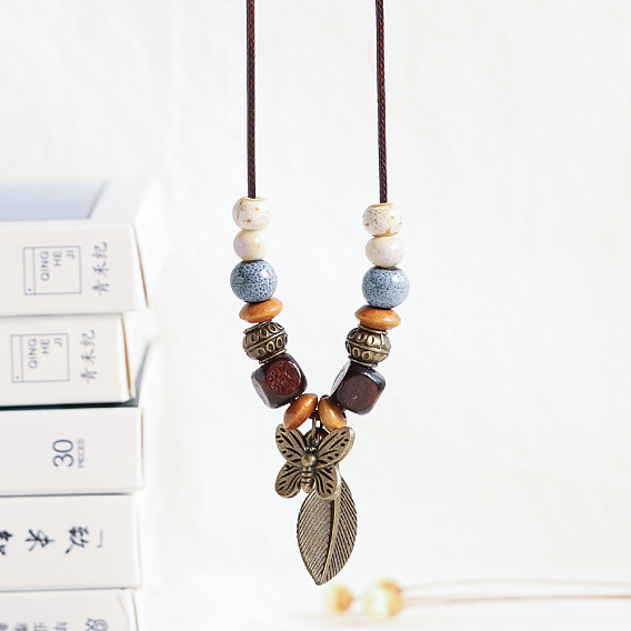 Ожерелья из вощеного шнура с подвеской из сплава, Женские ожерелья из фарфора и дерева, античная бронза