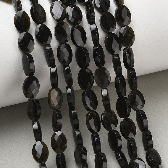 Natural Golden Sheen Obsidian Beads Strands, Rock Crystal, Faceted, Flat Oval