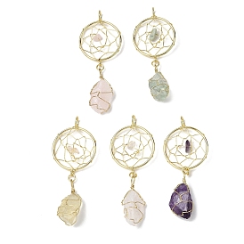 Большие подвески из необработанных натуральных драгоценных камней, обернутые медной проволокой, подвески из плетеной паутины/сетки с драгоценными камнями и латунными кольцами, золотые, стойки покрытие