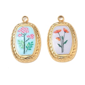 Printed 304 Stainless Steel Pendants, Oval with Flower Charms, Golden