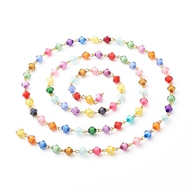 Handmade Acrylic Beaded Chains, with Brass Findings, Transparent Bicone, Soldered, Golden