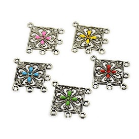 Filigree Antique Silver Tone Rhombus Alloy Enamel Chandelier Components, with Rhinestone, 35x33x2.5mm, Hole: 1.5mm