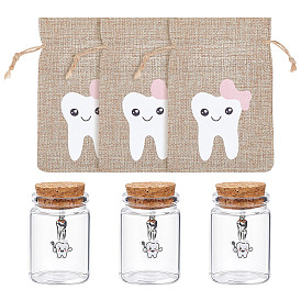 Прозрачные стеклянные пустые бутылки, с подвесками из сплава и мешочками из мешковины, для хранения зубов, колонка