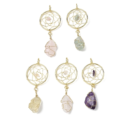 Большие подвески из необработанных натуральных драгоценных камней, обернутые медной проволокой, подвески из плетеной паутины/сетки с драгоценными камнями и латунными кольцами, золотые, стойки покрытие