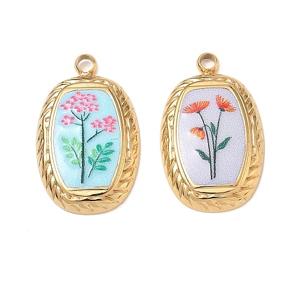 Printed 304 Stainless Steel Pendants, Oval with Flower Charms, Golden
