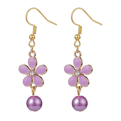 Rhinestones Flower with Glass Pearl Dangle Earrings, Gold Plated 304 Stainless Steel Jewelry for Women