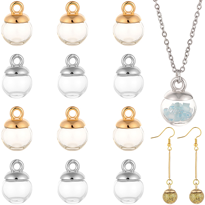 60Pcs Round Mechanized One Hole Blown Glass Globe Ball Bottles, with 60Pcs 2 Colors Brass Bead Cap Pendant Bails