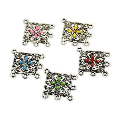 Filigree Antique Silver Tone Rhombus Alloy Enamel Chandelier Components, with Rhinestone, 35x33x2.5mm, Hole: 1.5mm