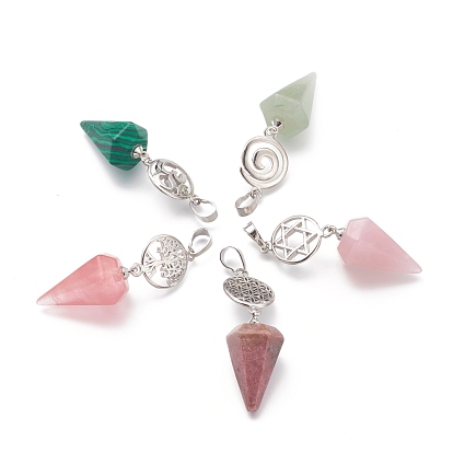 Gemstone Pendants, with Platinum Brass Snap on Bails, Votex/Ohm/Tree of Life/Flower of Life/Star of David, Cone Pendulum