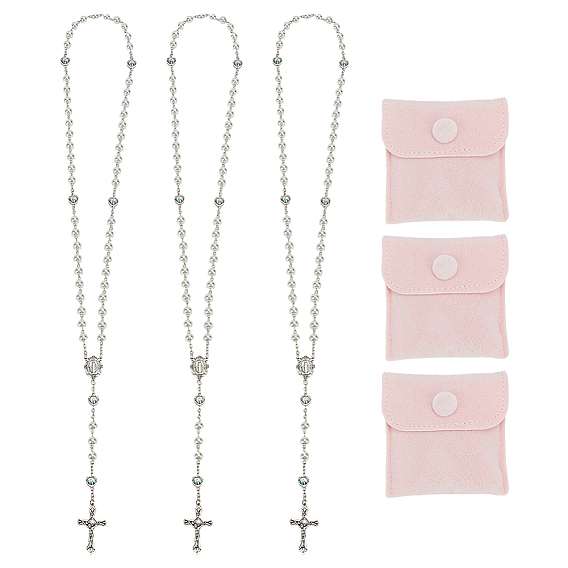 3 шт. 3 цвета ожерелья из четок с имитацией жемчуга, ожерелья с подвеской в виде креста Иисуса, серебряный цвет гальваническим