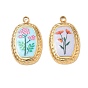 Printed 304 Stainless Steel Pendants, Oval with Flower Charms, Golden