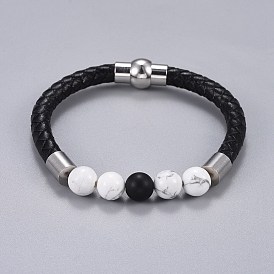 Woman's Braided Leather Cord Bracelets, with Natural Howlite and Black Agate(Dyed), Brass and Stainless Steel Findings