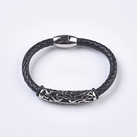 Men's Braided Leather Cord Bracelets, with 304 Stainless Steel Findings and Magnetic Clasps, Tube
