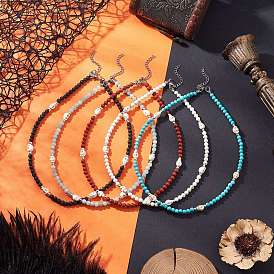 5 шт. ожерелья из натуральных и синтетических круглых драгоценных камней и синтетических бирюзовых бусин в форме черепа, с 304 нержавеющей стали застежки