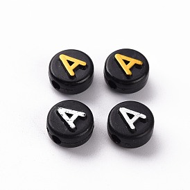 Opaque Black Acrylic Beads, Metal Enlaced, Horizontal Hole, Cube with Random Letters