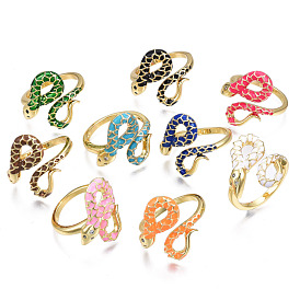 Real 18K Gold Plated Brass Micro Pave Cubic Zirconia Snake Wrap Cuff Rings, Enamel Open Rings for Girl Women, Nickel Free